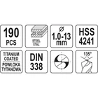 Kép 6/7 - YATO Csigafúró készlet 190 részes 1-13 mm HSS-TiN