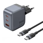 Kép 1/3 - GaN Vention USB-C+C+A 70W töltő + USB-C-C kábel 1m (szürke)