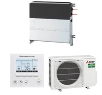 Mitsubishi Electric Monosplit szett: Padlónálló burkolat nélküli légcsatornázható beltéri egység, PAR-41MAA fali vezetékes szabályozóval. Monosplit R32 kültéri egység, 1 fázisú kivitel.