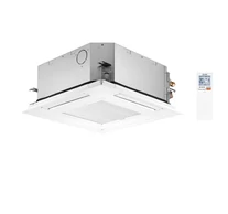 Mitsubishi Electric Monosplit szett: Négy irányban kifúvó 600x600 kazettás beltéri egység, PAR-41MAA fali vezetékes szabályozóval és SLP-2FA dekorációs panellel.