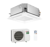 Mitsubishi Electric Monosplit szett: Négy irányban kifúvó 600x600 kazettás beltéri egység, infrás távirányítóval, jelfogadóval és SLP-2FALM2 dekorációs pannelel.
