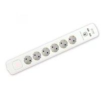 Home NVT 06K USB/WH túlfeszültség védett hálózati elosztó, 1,4 m, kapcsolós, H05VV-F 3G1,5 mm2 kábel, 6 aljzat, max. 3680W, falra akasztható, USB töltőaljzatok