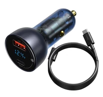 Baseus Particular Digital Display autós töltő kijelzővel, USB + USB-C, QC3.0 + PD, 5A, 65 W (szürke) + USB-C kábel, 1 m, 100 W (fekete)