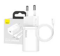 Baseus Super Si gyorstöltő 1C 20W adapter 1 m-es USB-C-Lightning kábellel (fehér)