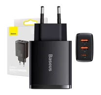 Baseus kompakt gyorstöltő, 2xUSB, USB-C, PD, 3A, 30 W (fekete)
