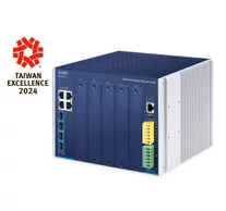 PLANET Industrial Layer 3 5-Slot Vezérelt L3 Gigabit Ethernet (10/100/1000) Kék, Fémes