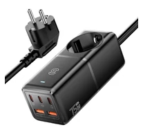 Wall charger, Essager, ECTAC-BRB01-Z, GaN, 3xUSB-C, 2xUSB-A, Gniazdko AC, 75W (black)