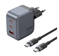 GaN Vention USB-C+C+A 70W töltő + USB-C-C kábel 1m (szürke)