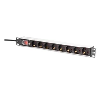 PDU Rack Áramelosztó 19" túlfeszültség védelemmel, 8 Schuko CEE 7/3 (45°) aljzat, 2m kábel, Unischuko CEE 7/7 dugó, 16A, alumínium