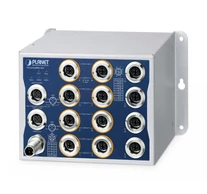 PLANET IP50 Industrial L2+ 8-Port 10/100/1000T 802.3at PoE M12 + 4-Port 10/100/1000T M12 Managed Ethernet Switch Vezérelt L2+ Kék, Fémes