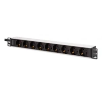 19"-os PDU Rack elosztó, 9 Schuko CEE 7/3 (45°) aljzat, 2m kábel, IEC C20 dugó, 16A, alumínium