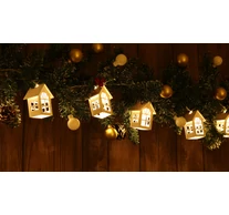 LED karácsonyi lánc, házikó, fehér, fa, elemes (X22058)  Timer 6+18h,10LED, 3000K, 2xAA