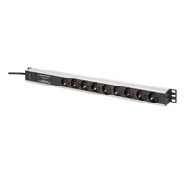 PDU Rack Elosztó (620mm) túlfeszültség-védelemmel + EMI/RFI szűrővel, 9 Schuko CEE 7/3 (45°) aljzattal, 2m kábellel, Unischuko CEE 7/7 dugóval, 16A, alumínium