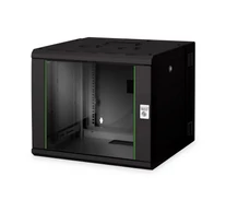 Unique 19" 9U hálózati szekrény, 600x600, üvegajtó, fekete, osztott, összeszerelt, 100 kg dupla szekciós, forgatható, 509x600x600 mm