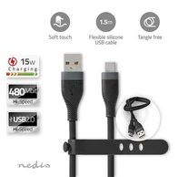 Nedis CCGB60800BK15 flexibilis USB A - USB C (USB-C) kábel, USB2.0, 15W, hossz 1,5m, fekete rugalmas szilikon