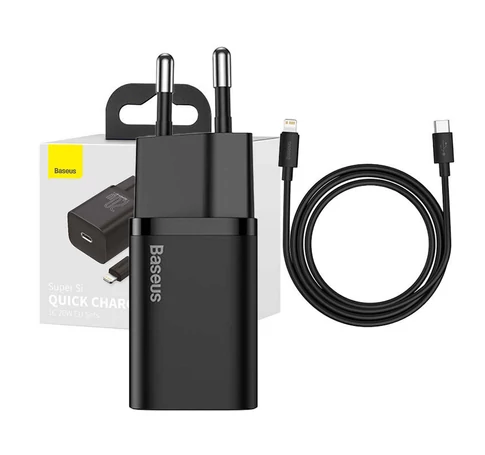 Baseus Super Si USB-C gyorstöltő, 20W, 1 m-es USB-C-Lightning kábellel (fekete)