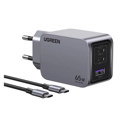 UGREEN Nexode Pro fali töltő, USB + 2x USB-C, 65W + USB-C kábel, 1.5m (fekete)