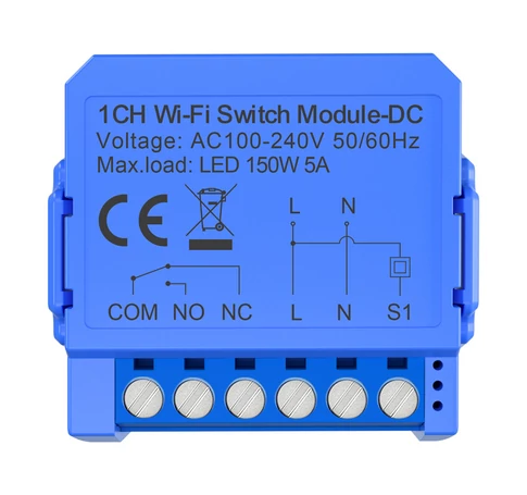 Intelligens 1 csatornás WiFi kapcsolómodul feszültségmentes egyenáramú érintkezővel Avatto WSM16-DC-1