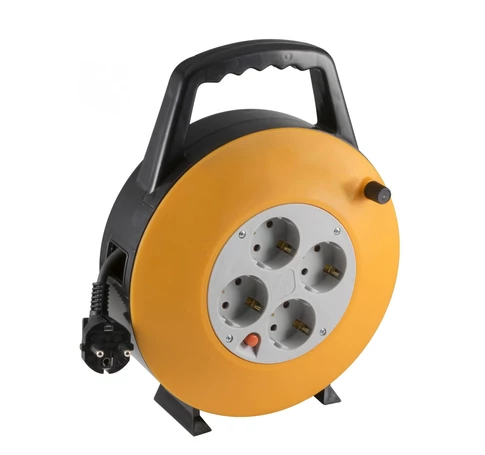 Home HJR 3-10 kábeldob, 10 m, IP20 kivitel, műanyag tartó, H05VV-F 3G1,0 mm2 kábel, max. 2300 W, védőkapcsoló, 4 védőérintkezős aljzat