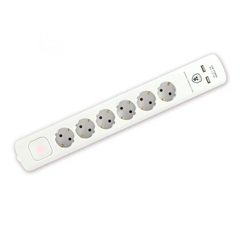 Home NVT 06K USB/WH túlfeszültség védett hálózati elosztó, 1,4 m, kapcsolós, H05VV-F 3G1,5 mm2 kábel, 6 aljzat, max. 3680W, falra akasztható, USB töltőaljzatok