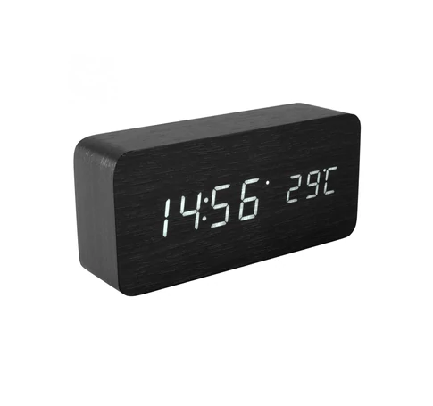Home OC 04 digitális LED ébresztőóra, valódi faburkolat, tapsra aktiválható fehér kijelző, dátum és hőmérséklet kijelzés, elemes vagy hálózati tápellátás