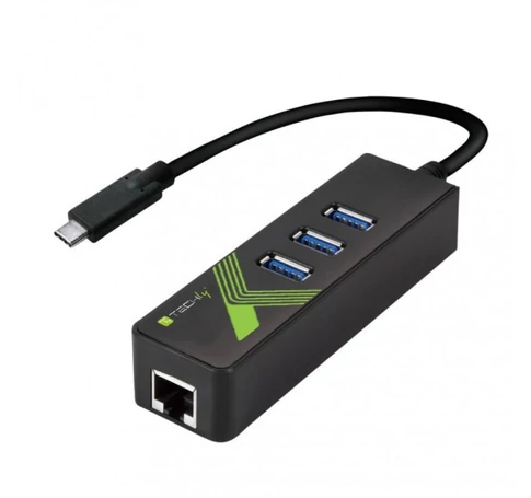 Techly IDATA USB-ETGIGA-3C2 USB-C-RJ45 Gigabit Hálózati Kártya/Adapter, 3x USB 3.0 Hub