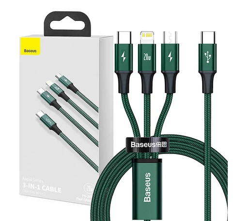 Baseus Rapid Series 3 az 1-ben USB-C  kábel, mikro USB / Lightning / USB-C, 20 W, 1,5 m (zöld)