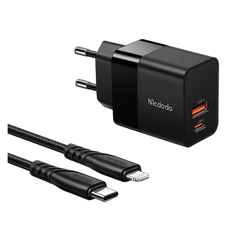 Mcdodo CH-1952 USB + USB-C, 20W hálózati töltő + USB-C Lightning kábel (fekete)