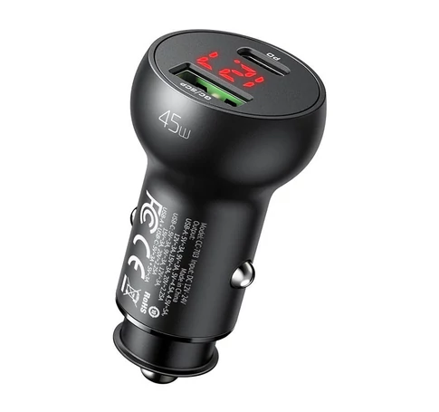 Mcdodo CC-7030 Car Charger, USB + USB-C, with Display, 45W (Black)