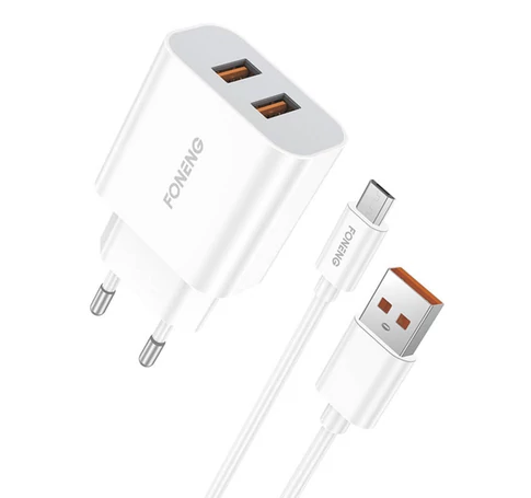 Foneng EU45 hálózati töltő, 2x USB + Micro-USB kábel