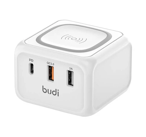 Ładowarka indukcyjna 10W Budi 317TE, 2x USB + USB-C, 18W (biały)