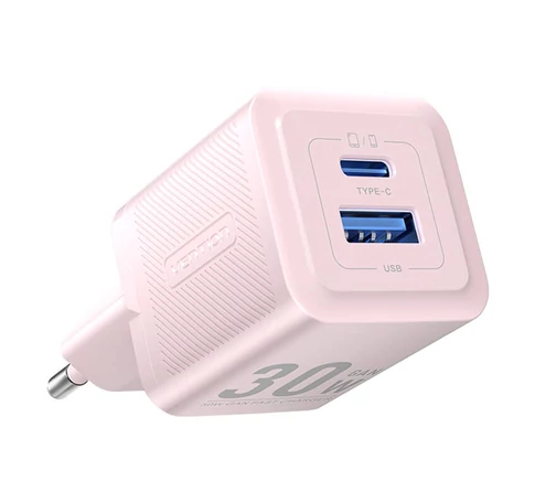 Fali töltő, Vention, FEQP0-EU, USB-C + USB- A, 30W/30W, GaN (rózsaszín)