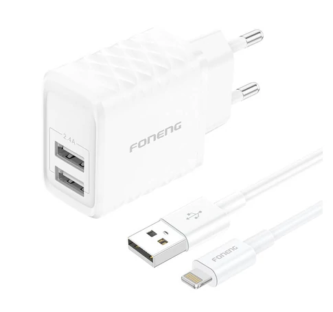 Foneng EU53 20W 2xUSB-A, 2.4A network charger (White) + USB-A toLightning cable