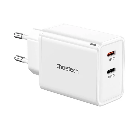 Choetech PD6013 hálózati töltő, GaN, 2x USB-C, PD65W (fehér)