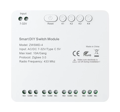 4 csatornás ZigBee kapcsolómodul feszültségmentes DC 32V-os érintkezővel Avatto ZWSMMD-4-32V