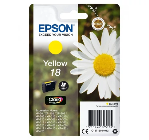 Epson C13T18044012 Sárga Claria Home Tinta Patron Normál Teljesítmény 180 Oldal