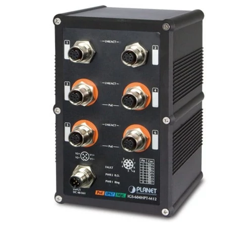 PLANET IGS-604HPT-M12 hálózati kapcsoló Vezérelt L2+ Ethernet-áramellátás (PoE) támogatása Fekete
