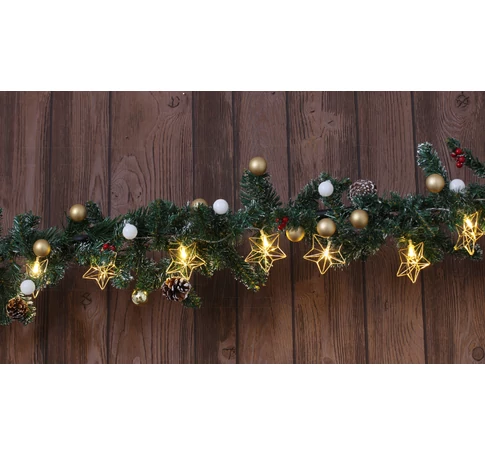 LED karácsonyi lánc, csillag,fém, elemes (X22062)  Timer 6+18h,10LED, 3000K, 2xAA