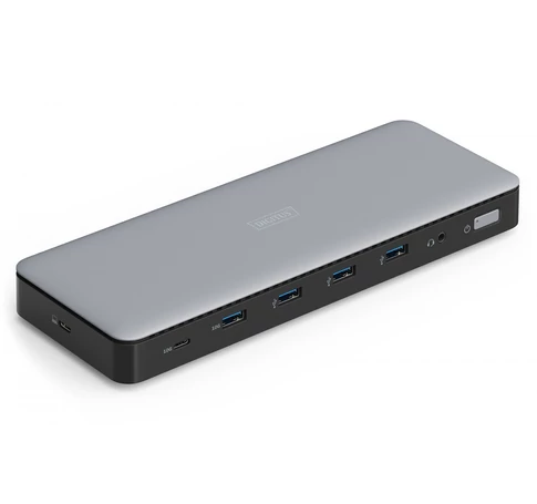 13-portos USB-C dokkoló állomás, max. 4K/60Hz HDR-rel, HDMI, DP, max. 3 monitor (MST), USB-C 3.2 Gen 2, Gigabit Ethernet (max. 2.5G), Audio, DC 150W