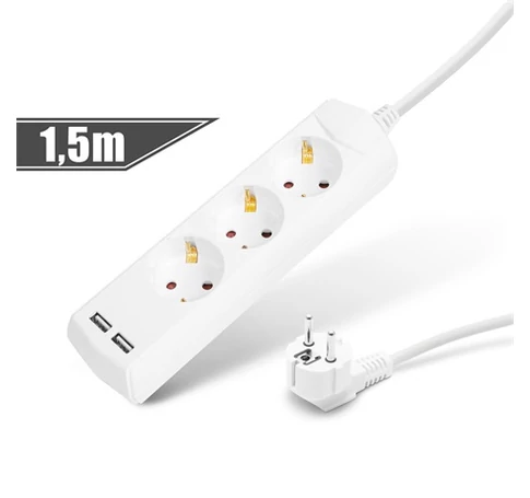 Delight 20201U ELOSZTÓ 3-AS, 1,5 M  2 X USB-VEL