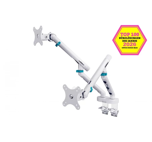 Digitus DA-90472 Kétkarú asztali tartó bilincsel és mechanikus rugóval | 2x LCD max.35" 2x10kg | VESA: 75x75, 100x100 | Fehér