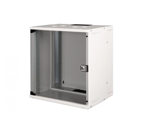 19" 12U falra szerelhető hálózati szekrény, SOHO PRO 595 x 540 x 400 mm, üvegajtó, szürke, összeszerelés nélkül, 60 kg