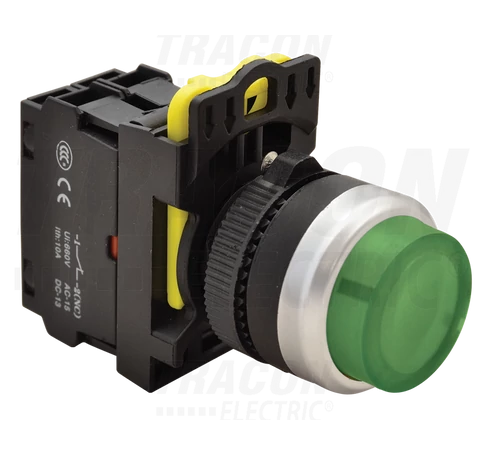 Világító nyomókapcsoló, kiálló, zöld  1×NO, 5A/230V AC-15, IP42, LED 230V AC/DC