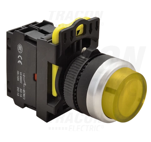 Világító nyomókapcsoló, kiálló, sárga  1×NO, 5A/230V AC-15, IP42, LED 230V AC/DC
