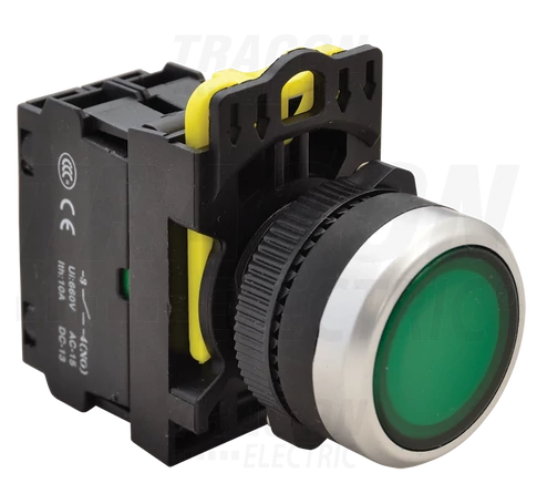 Világító nyomókapcsoló, zöld  1×NO, 5A/230V AC-15, IP65, LED 230V AC/DC