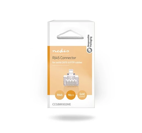 Nedis CCGB89302ME tömör kábelre, UTP RJ45 CAT5 csatlakozó dugó, szerelhető, aranyozott, 10db/csomag