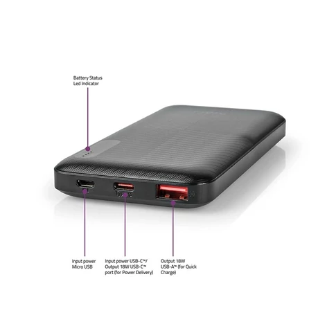 Nedis UPBKPD10000BK powerbank, hordozható külső akkumulátor, power bank 10000mAh