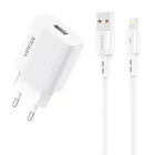 Kép 1/8 - VFAN E01 hálózati töltő, 1x USB, 2,4A + Lightning kábel (fehér)