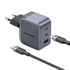 Kép 2/3 - GaN Vention USB-C+C+A 70W töltő + USB-C-C kábel 1m (szürke)