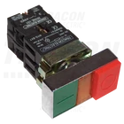 Kép 1/4 - Kettős BE-KI nyomógomb, fémalap, zöld+piros kiálló  1×NC+1×NO, 3A/230V AC, IP42
